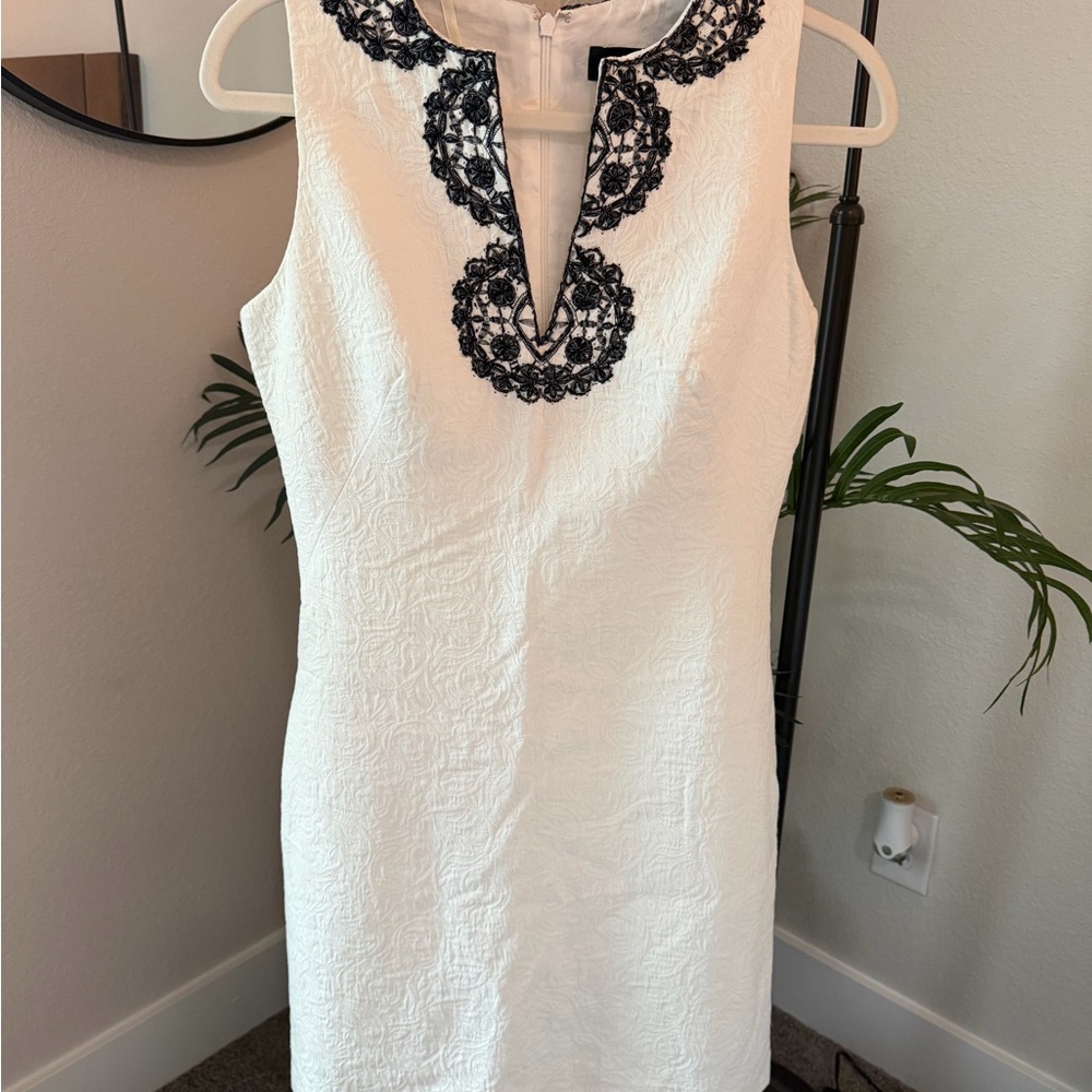 Chetta B White Sleeveless Mini Dress with Black Lace Trim